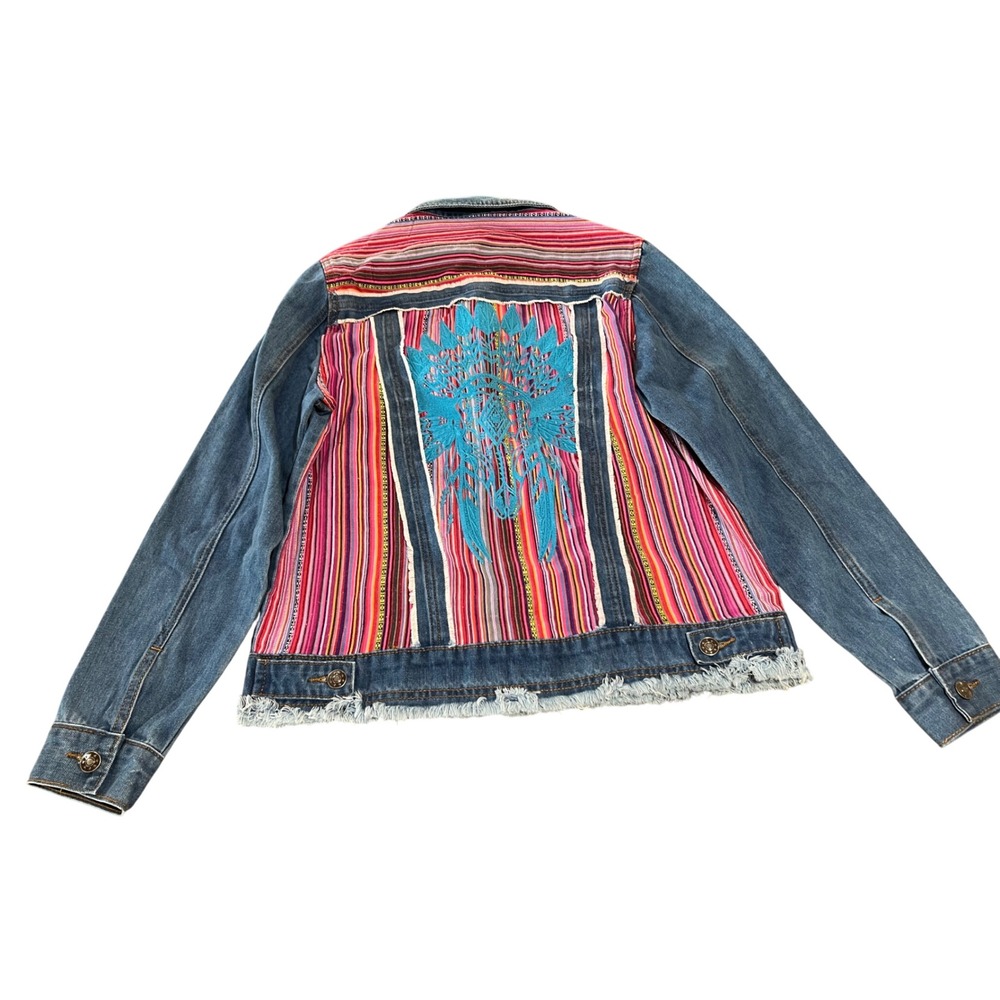 Savanna Jane Womens S Blue Denim Jacket Southwestern Striped Embroidered K17261